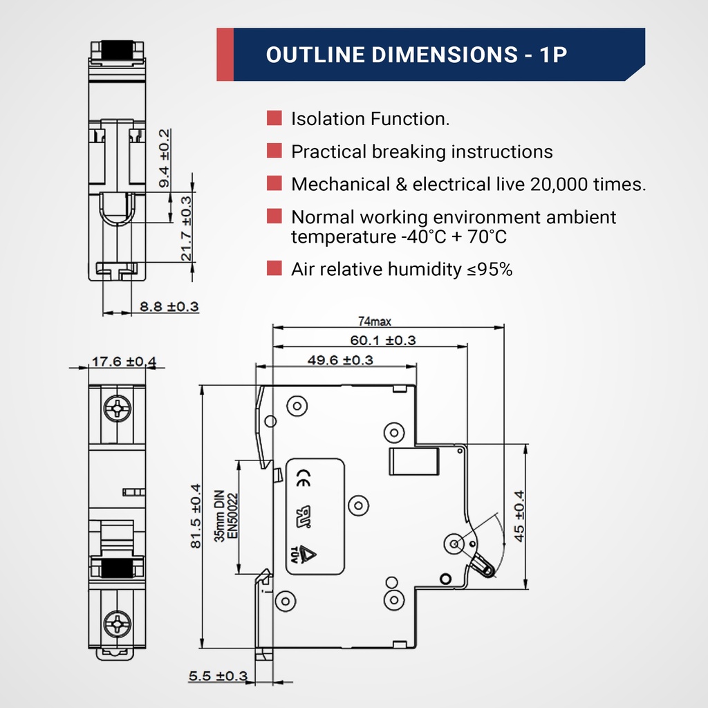 20 Amp, 1 Pole, 240V AC, 60V DC, Trip Curve: C, DIN Rail